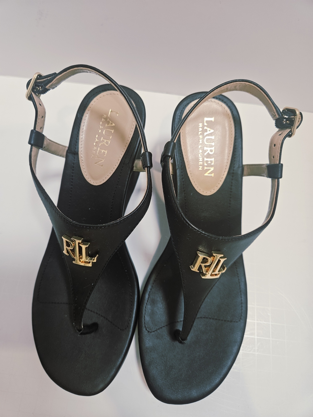 Lauren Ralph Lauren Jeannie Black Thong Wedge Sandals Shoes Women’s Size 8 New - Picture 14 of 16